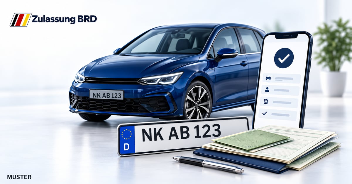 Online Fahrzeugzulassung in Eppelborn: Musterkennzeichen NK AB 123, Auto und Fahrzeugpapiere und Smartphone. Illustration mit Logo von Zulassung BRD.